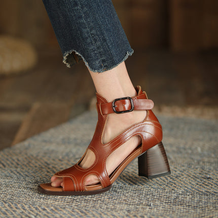 Sandales gladiateur à talons hauts – Chaussures à boucle à bout ouvert en cuir véritable pour femmes