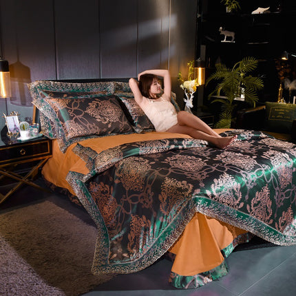 Cover Set Wedding Golden Jacquard Bedding Set Lace Flat Sheet Pillowcase 4pcs European Luxury - Wnkrs