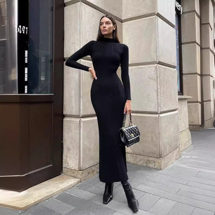Pull tricoté à col roulé moulant de style européen, américain et français élégant à rayures