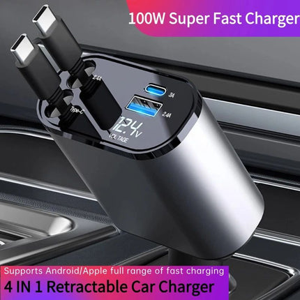 High-Speed 4-in-1 Retractable Car Charger with Dual USB, Type-C & Lightning Cables - Wnkrs