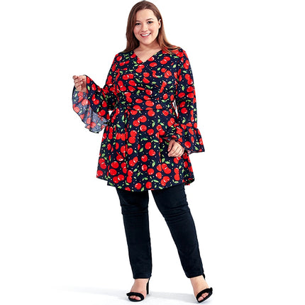 Women's Casual Long Blouse with Cherry Print - Wnkrs
