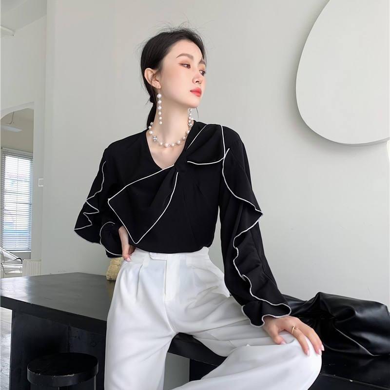 Black Ruffle Bow Blouse