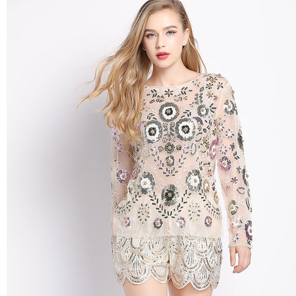 Women's Sequined Floral Pattern Blouse - Wnkrs