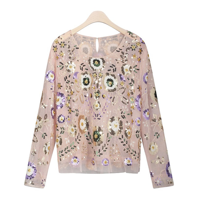 Women's Sequined Floral Pattern Blouse - Wnkrs