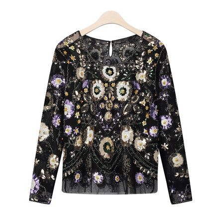 Women's Sequined Floral Pattern Blouse - Wnkrs