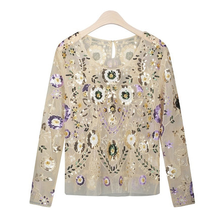 Women's Sequined Floral Pattern Blouse - Wnkrs