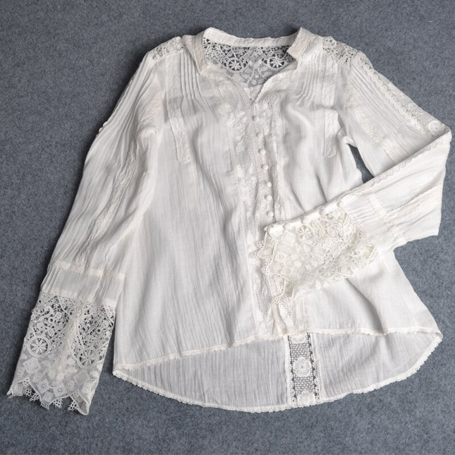 Untamed White Lace V-Neck Cotton Blouse for Women - Wnkrs