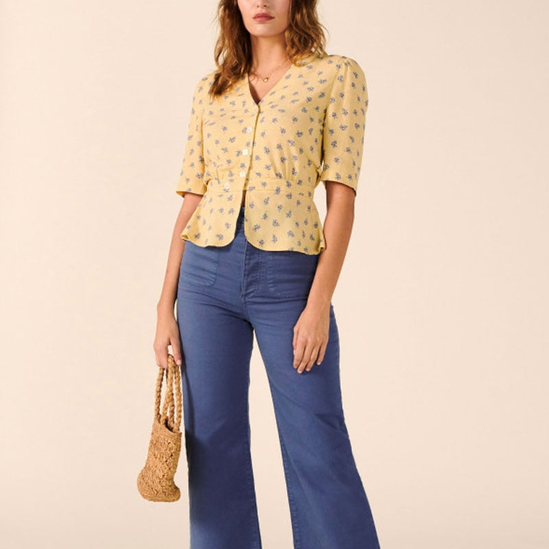 Women's Casual Floral Printed V-Neck Short Sleeved Shirt