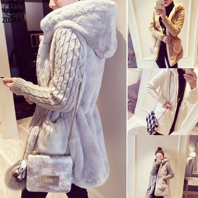 Women's Knitted Sleeve Plush Winter Jacket