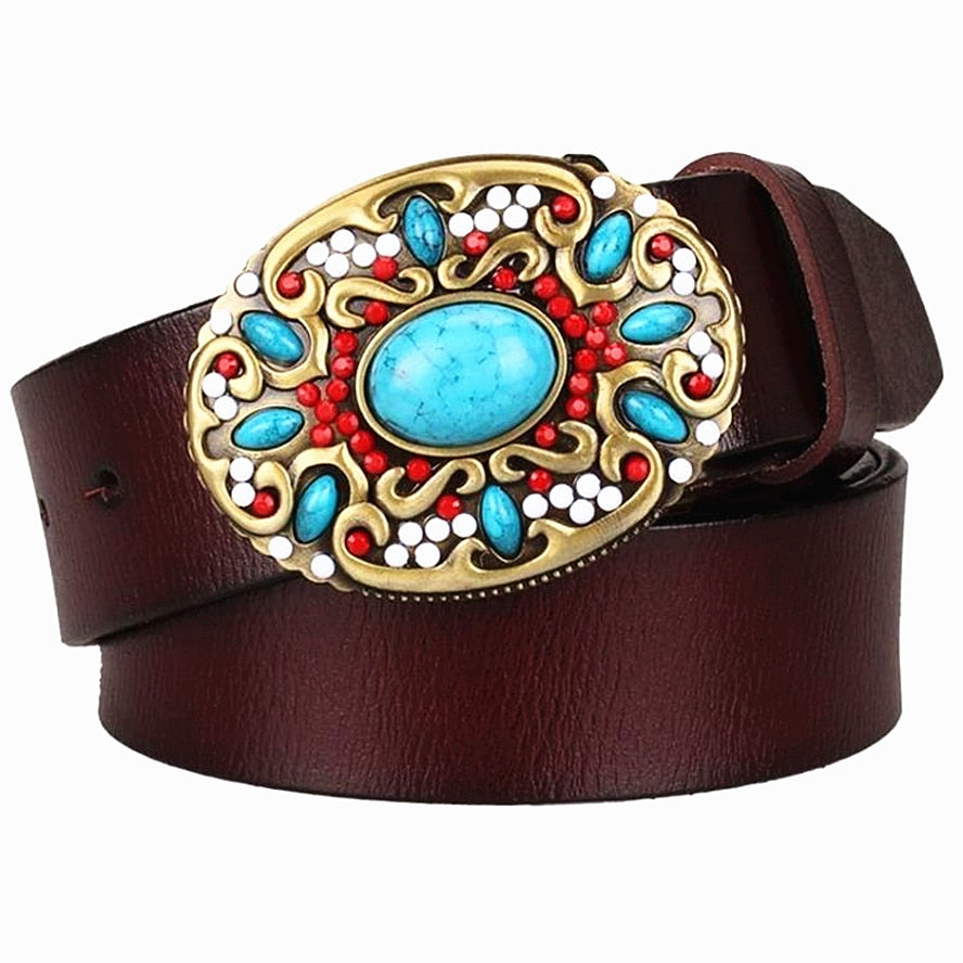 Women's PU Leather Belt with Mosaic Turquoise Buckle