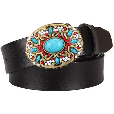Women's Genuine Leather Belt with Mosaic Turquoise Buckle - Wnkrs