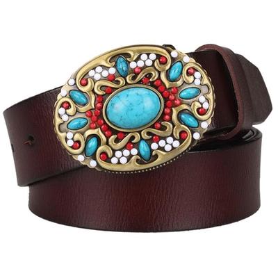 Women's Genuine Leather Belt with Mosaic Turquoise Buckle - Wnkrs