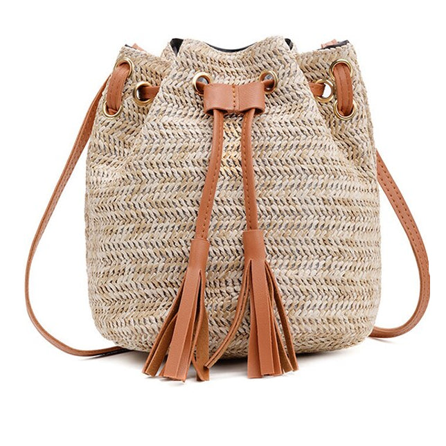 Women's Boho Straw Bucket Bag