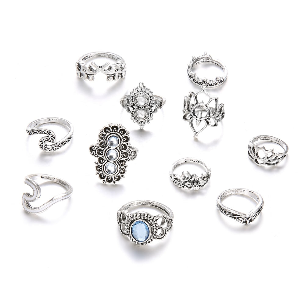 Women's Boho Opal Rings Set, 11 Pcs