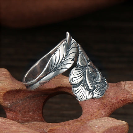 Women's Vintage Peony Flower Silver Adjustable Ring - Wnkrs