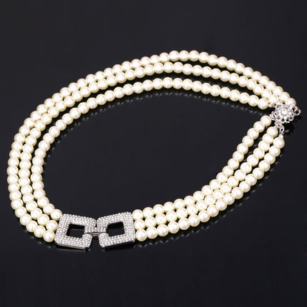 Multi Layer Pearl Necklace with Rhinestone Buckle - wnkrs