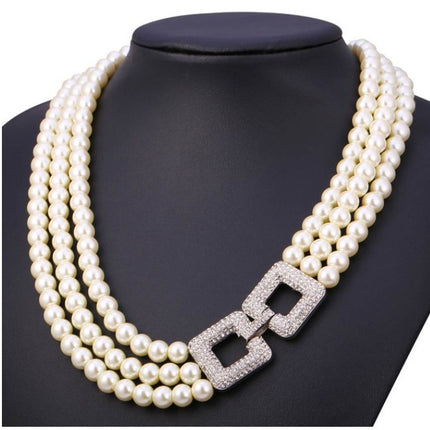 Multi Layer Pearl Necklace with Rhinestone Buckle - wnkrs