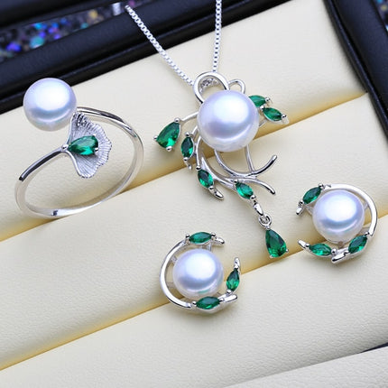 Green Stones 925 Silver Pearls Women's Jewelry 4 pcs Set - Wnkrs