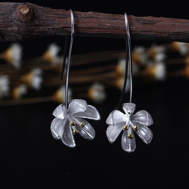 Ethnic Long Flower Shaped Silver Drop Earrings - Wnkrs