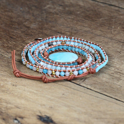 Amazonite Stone 5 Strand Leather Wrap Bracelet - Wnkrs