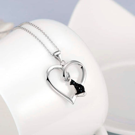 Romantic Heart & Cat Shaped Silver Women's Necklace - wnkrs