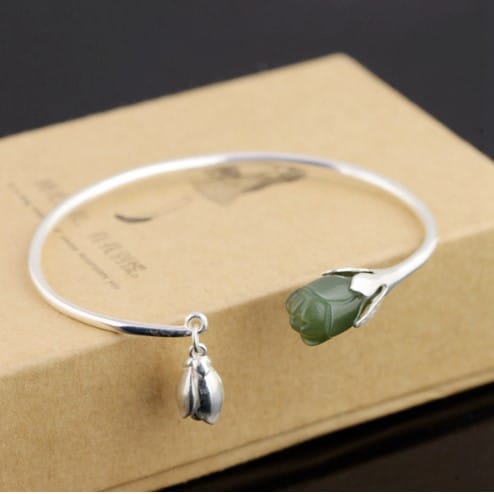 Jade Tulip Sterling Silver Bangle Bracelet