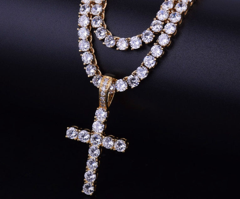 Men's Cross Shaped Rhinestones Decorated Pendant Necklace