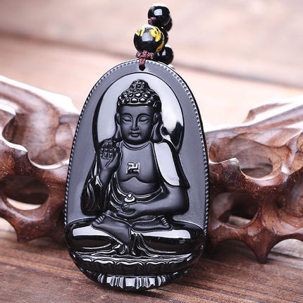 Black Obsidian Carved Buddha Pendant Necklace - Wnkrs