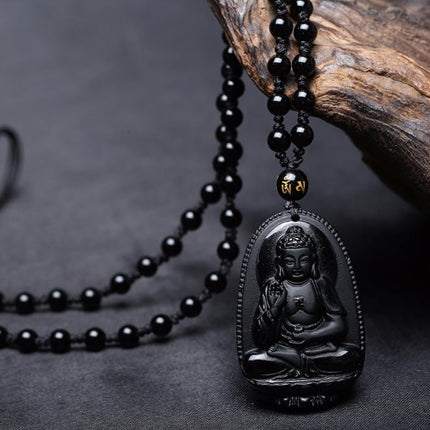 Black Obsidian Carved Buddha Pendant Necklace - Wnkrs
