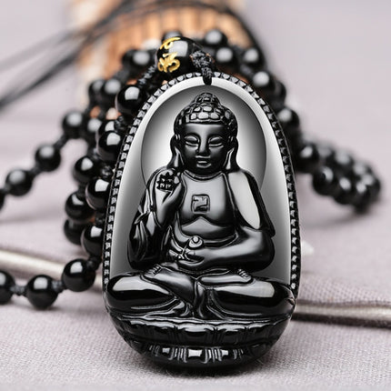 Black Obsidian Carved Buddha Pendant Necklace - Wnkrs