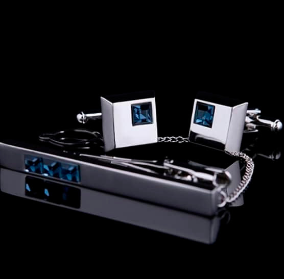 Blue Crystal Cufflinks and Necktie Clip Set