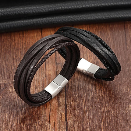 Multilayer Genuine Leather Bracelet with Stainless Steel Buckle - Wnkrs