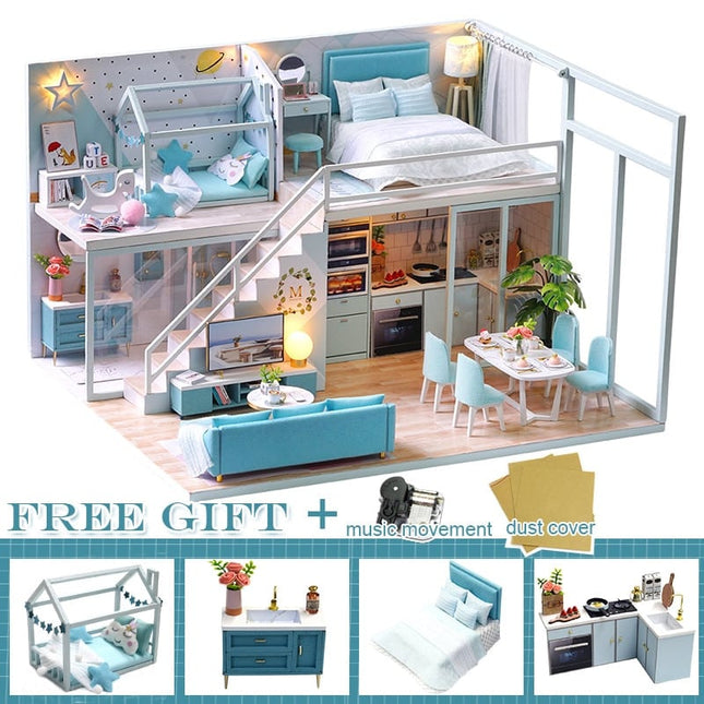 Miniature DIY Doll House with Dust Cover and Music Box Kit - wnkrs