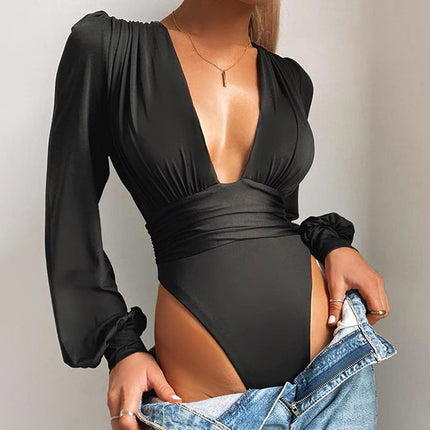 Deep V-Neck Bodysuit with Puff Sleeves - Wnkrs