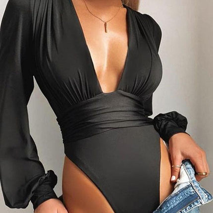 Deep V-Neck Bodysuit with Puff Sleeves - Wnkrs