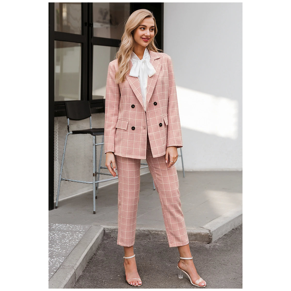 Pink Plaid Double Breasted Blazer with Pants Suit for Women