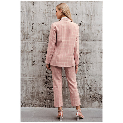 Pink Plaid Double Breasted Blazer with Pants Suit for Women - Wnkrs