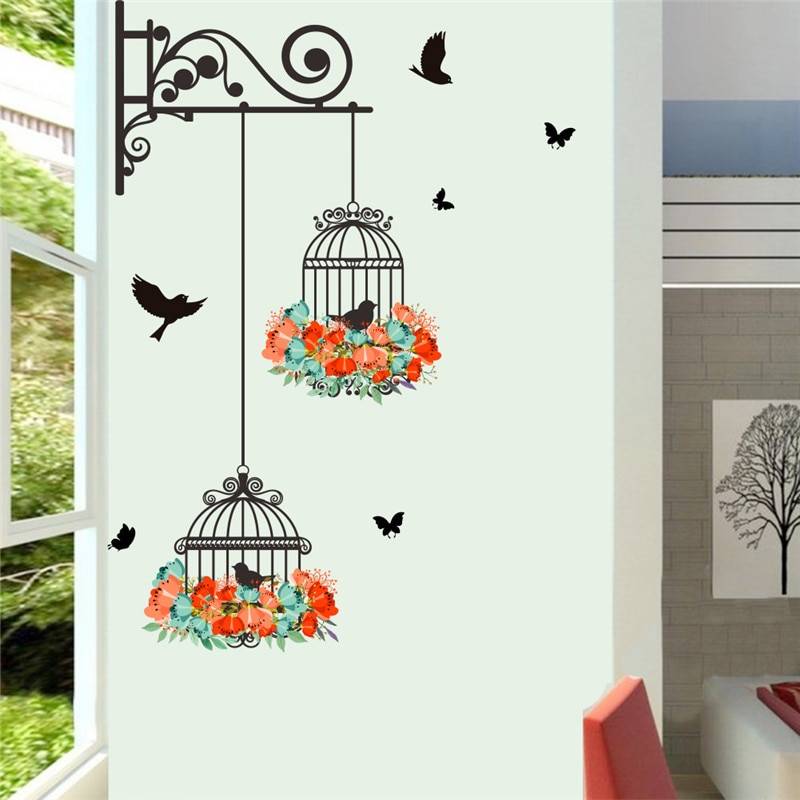 Colorful Flower Birdcage Vinyl Wall Decal