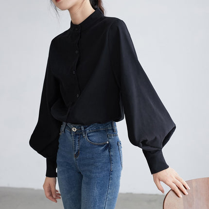 Mandarin Collar Lantern Sleeve Blouse for Women - Wnkrs