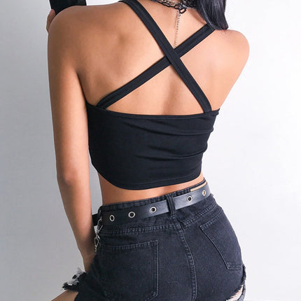 Dragon Embroidered Buckle Black Crop Top for Women - Wnkrs