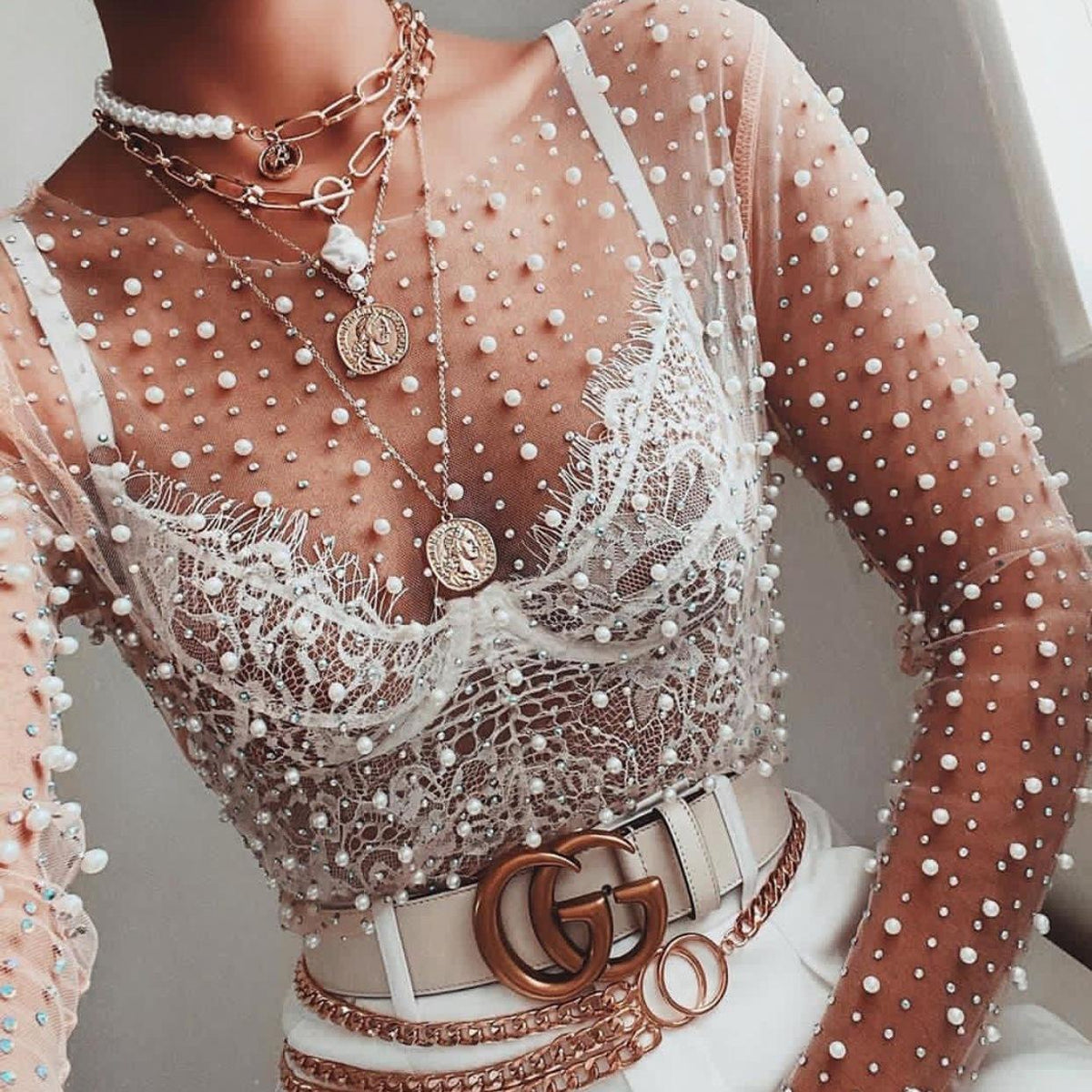 Women's Pearl Embellished Crop Top - Elegant and Trendy Fashion Piece