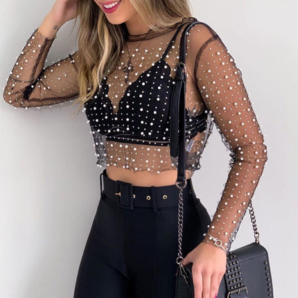 Women's Pearl Embellished Crop Top - Elegant and Trendy Fashion Piece - Wnkrs