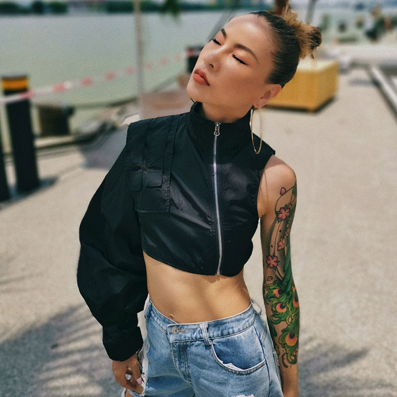 Women's Black / Neon Green Short Asymmetrical Coat