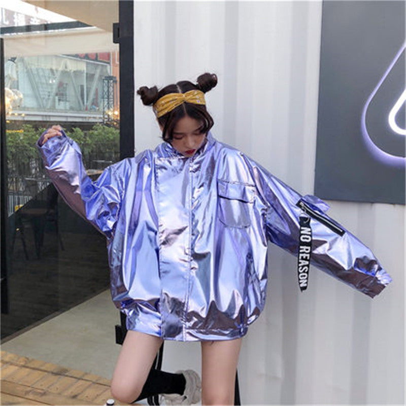 Loose Metallic Zipper Bomber for Women
