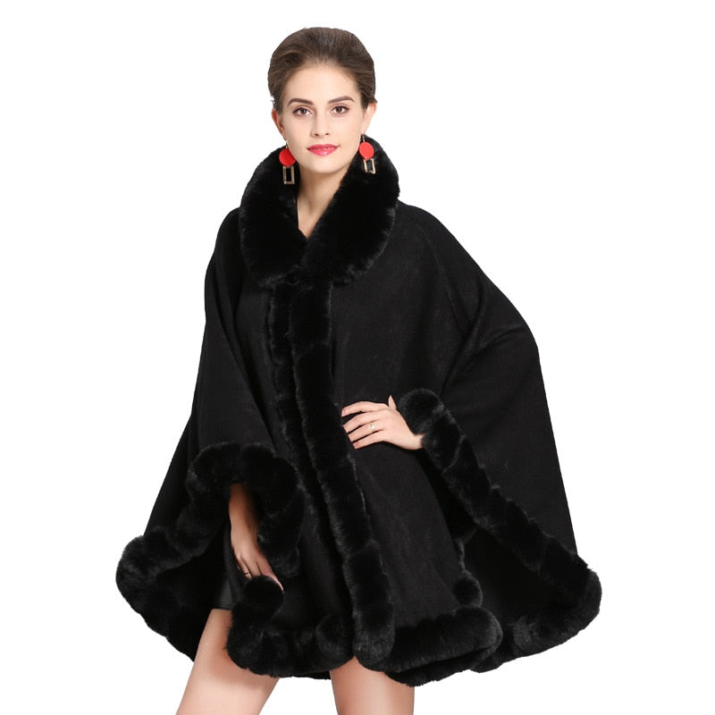 Women's Eco-Fur Trim Cape Coat