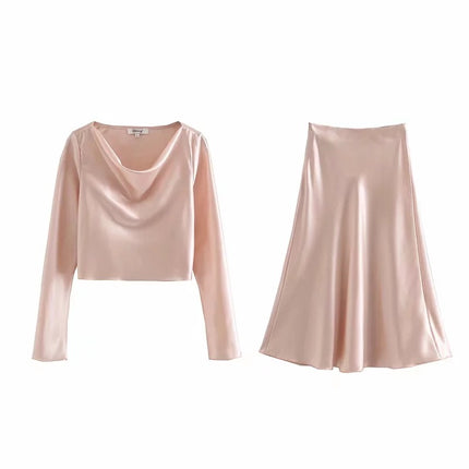 Women’s Elegant Silk Crop Top and Skirt 2 pcs Set - Wnkrs