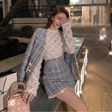 Women's Tweed Plaid Short Skirt Suit - Wnkrs