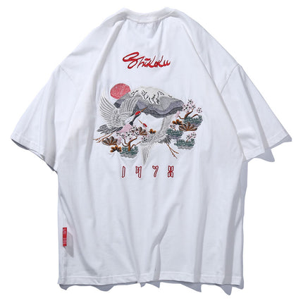 Men's Japanese Style Crane Embroidery T-Shirt - Wnkrs