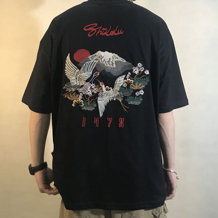 Men's Japanese Style Crane Embroidery T-Shirt - Wnkrs