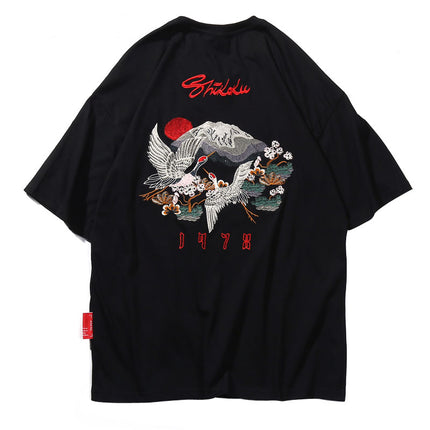 Men's Japanese Style Crane Embroidery T-Shirt - Wnkrs